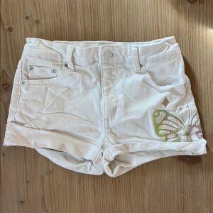 White Tractr Girls denim Shorts with rainbow embroidered Butterfly Design